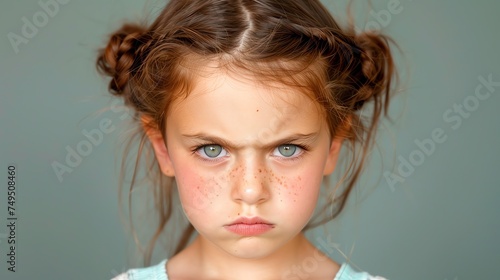 A young girl with intense eyes and freckles, her hair in playful buns, showcasing a look of determination and youthful spirit against a soft grey background.