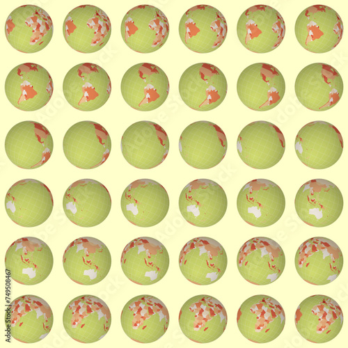 Collection of planet globes. Tilted sphere view. Rotation step 10 degrees. Colored countries style. World map with sparse graticule lines on warm background. Terrific vector illustration.