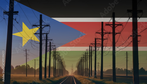 Electricity in the South Sudan. Electric poles on the background of the South Sudan flag. South Sudan flag and Electric poles. photo