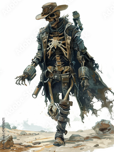 Post-apocalyptic skeleton wanders the wastelands concept illustration