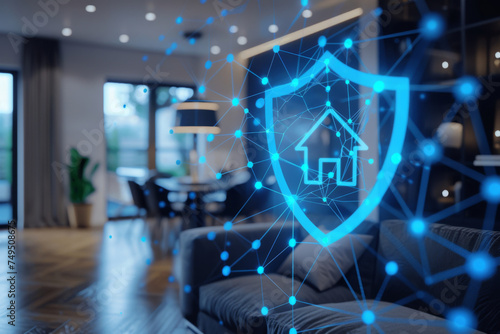 digital shield of smart home security system floats above a modern living room, symbolizing network protection.