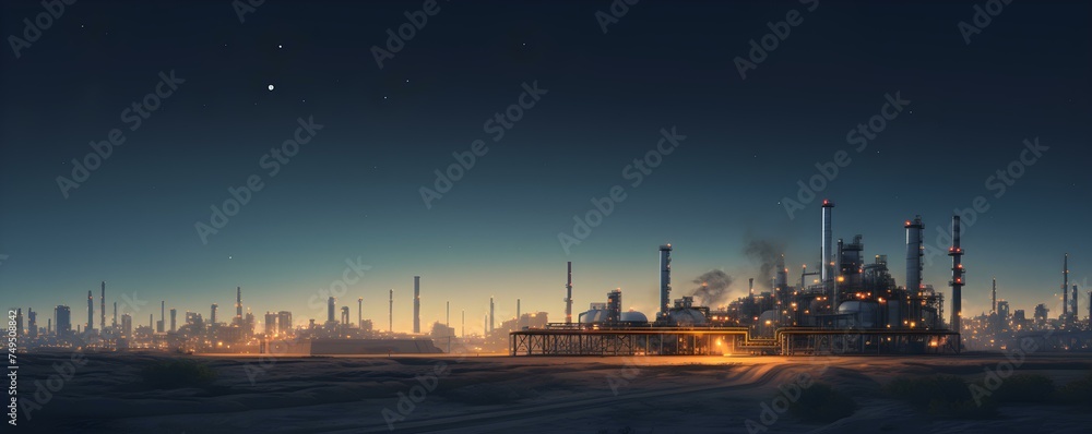 Dusk scene of industrial plant in desert sands under twilight sky. Concept Industrial Plants, Desert Landscapes, Twilight Sky, Dusk Scenes, Atmospheric Photography