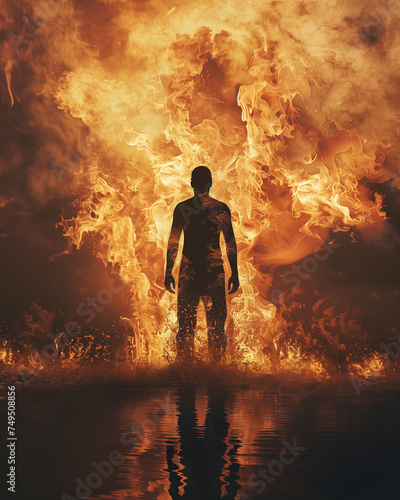 Silhouette of a man standing in or emerging from fire concept