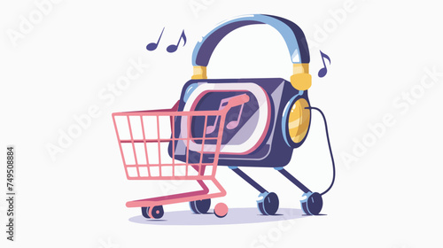 Music player with earphones and shopping cart icon 