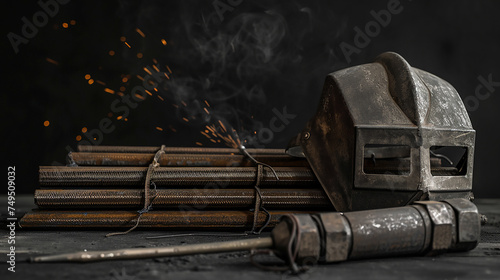 A bundle of steel beams, a welding torch, and a welding mask on a black background.