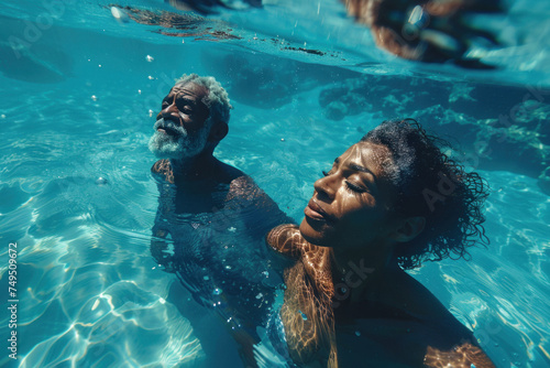 African American old couple in love swim in tropical sea