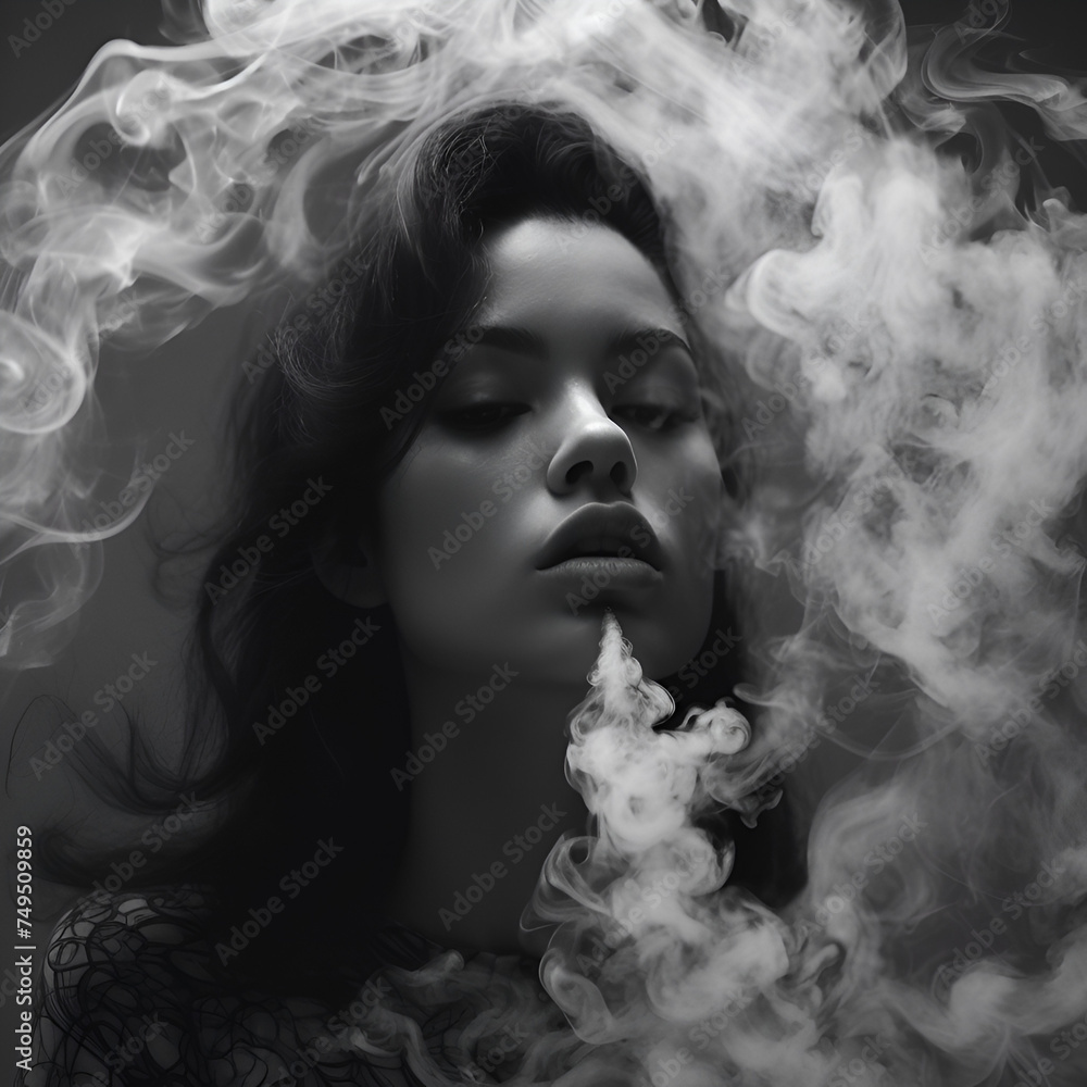 Black and white portrait of a woman with smoke