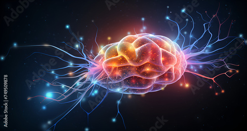 A brain with neurons highlighted by multicolored lights against abstract dark background Colored visualization of neurons in the brain Ai Generative