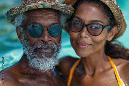 African American senior couple in love walking on sandy beach on seashore © sofiko14
