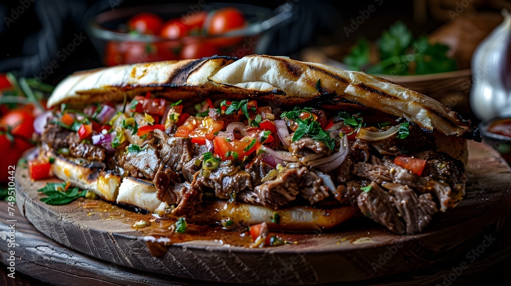 Mouthwatering shawarma sandwich featuring vibrant ingredients for enticing menu promotions. Concept Shawarma Sandwich, Food Photography, Vibrant Ingredients, Menu Promotion, Tempting Flavors