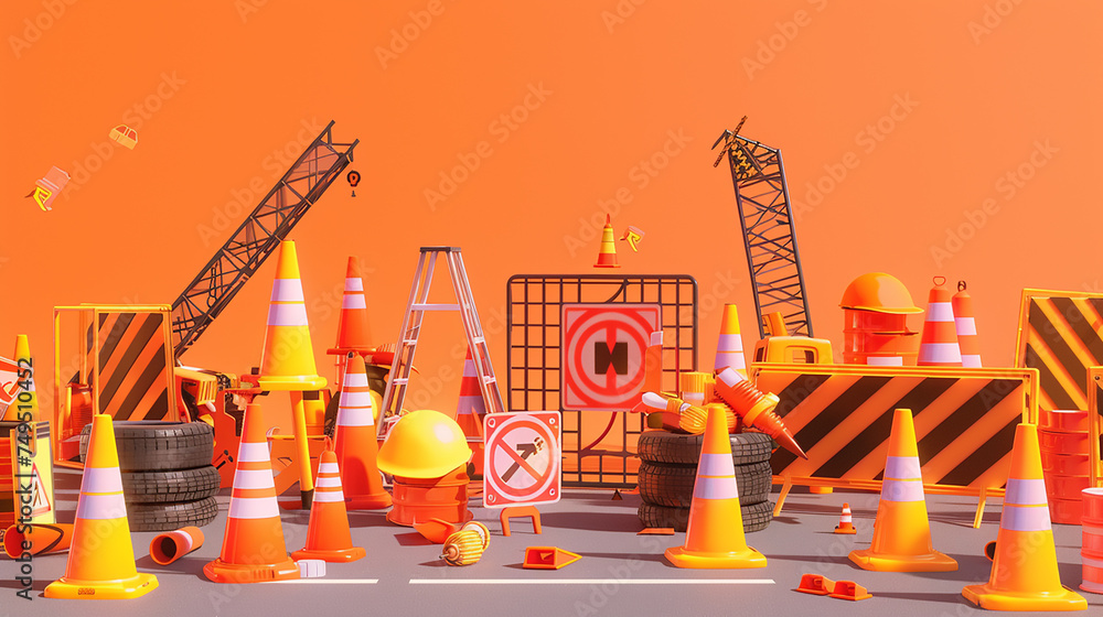 A collection of construction cones, caution signs, and traffic barriers on an orange background. A collection of construction cones, caution signs, and traffic barriers on an orange background.