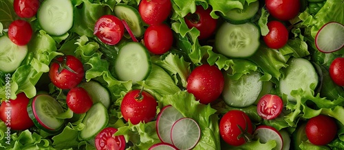 A top-down view of a fresh, healthy green salad featuring crisp lettuce leaves, vibrant radishes, and crunchy cucumbers. The mix of textures and colors creates a visually appealing and nutritious meal