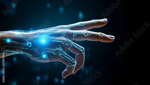 Empowering Touch Harnessing the Power of Blue Light in the Palm of Your Hand Human hand touching artificial intelligence hand with dark black background AI Generative