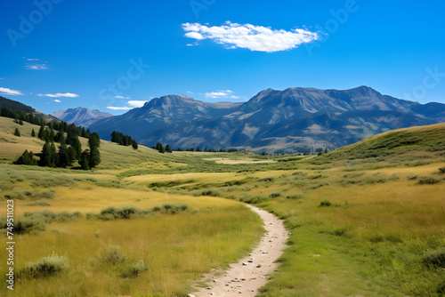 Serenely Beautiful Landscape With Lush Meadow, Fall-colored Trees, Majestic Mountain Range Under Sapphire Blue Sky