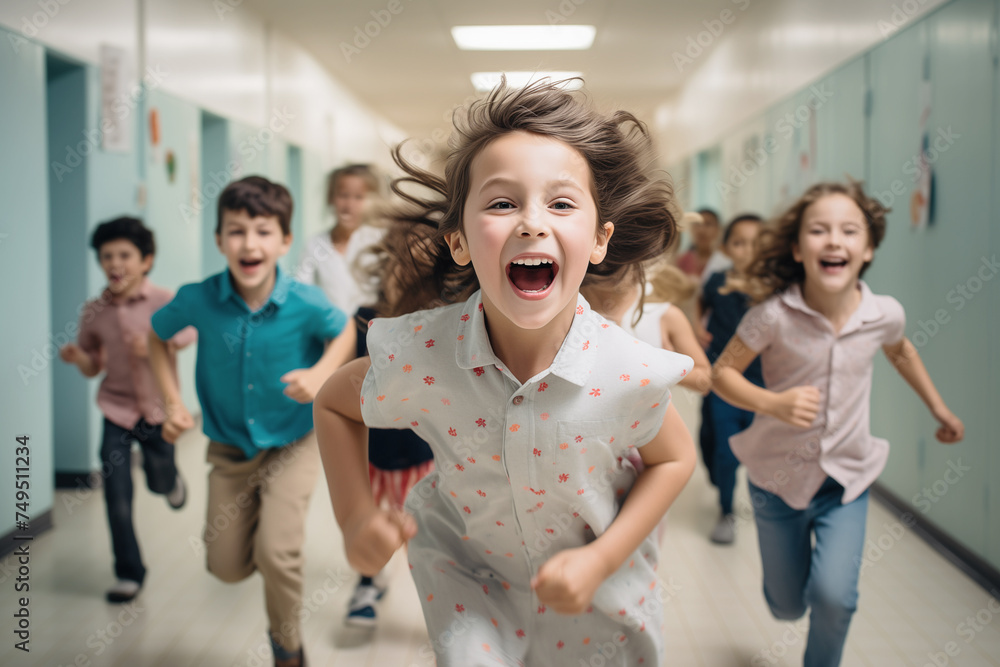 Pupils of an lementary school  are rushing at a great speed along the school corridor after classes. A close-up of a girl with disheveled long hair runs in front of the whole group. - obrazy, fototapety, plakaty 