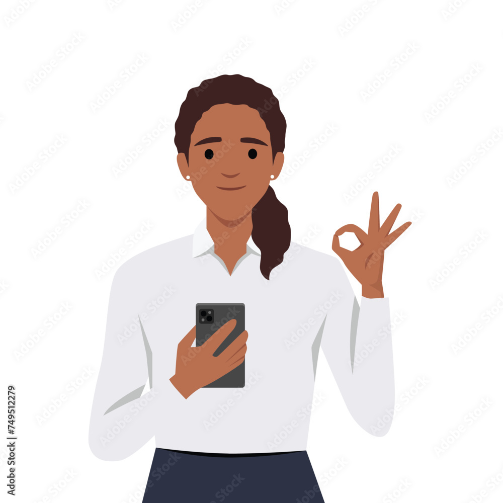 Young happy woman shows smartphone with ok sign and winking. Flat vector illustration isolated on white background Young happy woman shows smartphone with ok sign and winking. Flat vector illustration isolated on white background