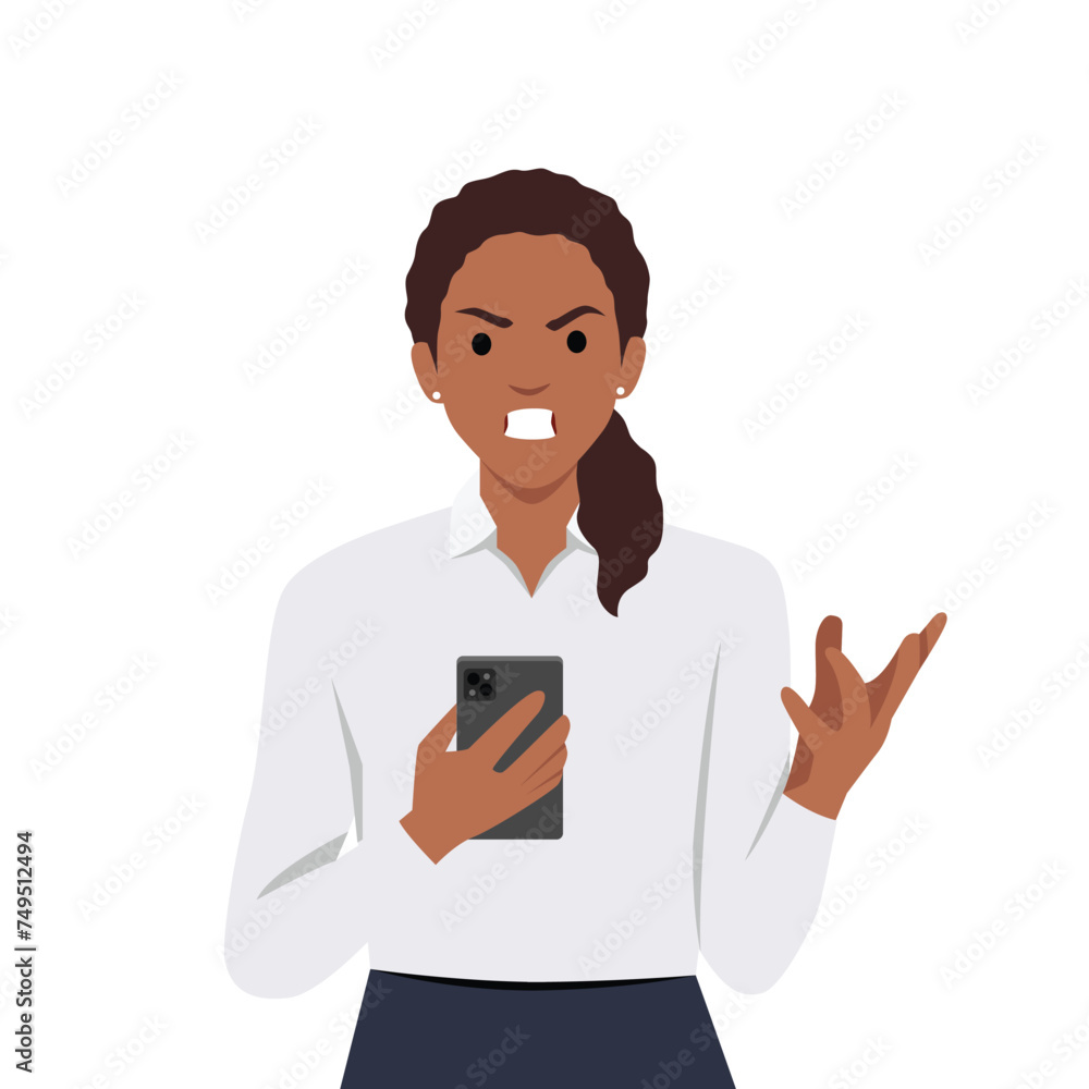 Young aggressive woman cartoon character quarrelling online with somebody during video call. Flat vector illustration isolated on white background Young aggressive woman cartoon character quarrelling online with somebody during video call. Flat vector illustration isolated on white background
