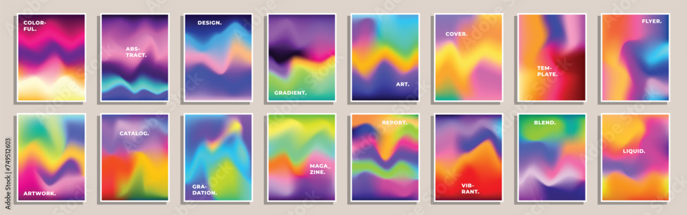 Abstract fluid gradient poster design bundle. Set of vibrant liquid banner. Trendy multicolored background set. Blurred color gradation backdrop.