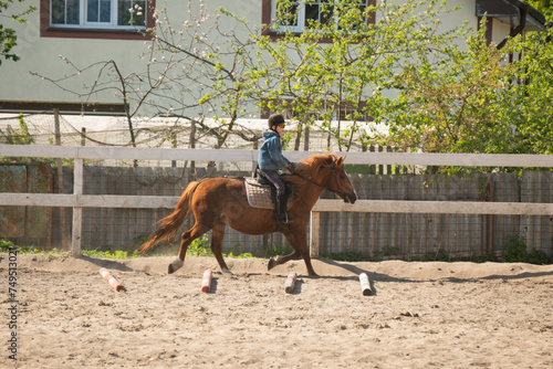 boy riding a brown horse