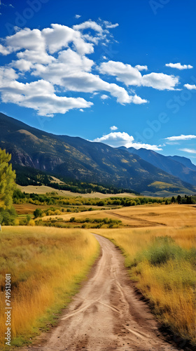 Serenely Beautiful Landscape With Lush Meadow, Fall-colored Trees, Majestic Mountain Range Under Sapphire Blue Sky