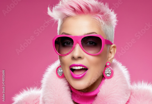 portrait of a woman with pink hair  sunglasses and outfit