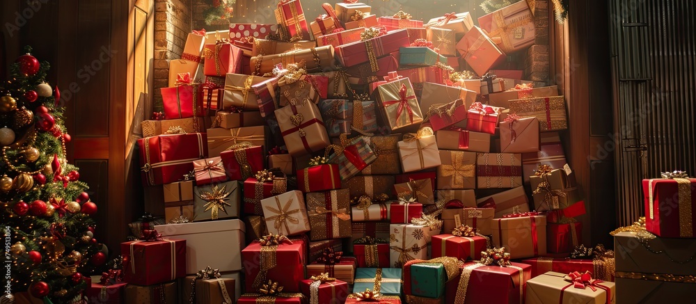 A collection of colorful wrapped gifts stacked neatly next to a decorated Christmas tree, creating a festive and joyful scene. The presents vary in sizes and shapes, adding to the anticipation of what