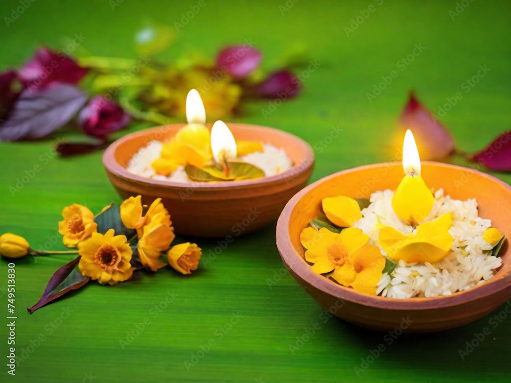 GENERATIVE AI, Clay Diya lamps lit during Dussehra with yellow flowers, green leaf and rice. Dussehra Indian Festival concept.
