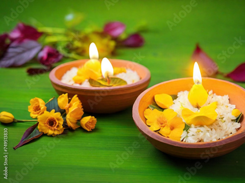 GENERATIVE AI  Clay Diya lamps lit during Dussehra with yellow flowers  green leaf and rice. Dussehra Indian Festival concept.