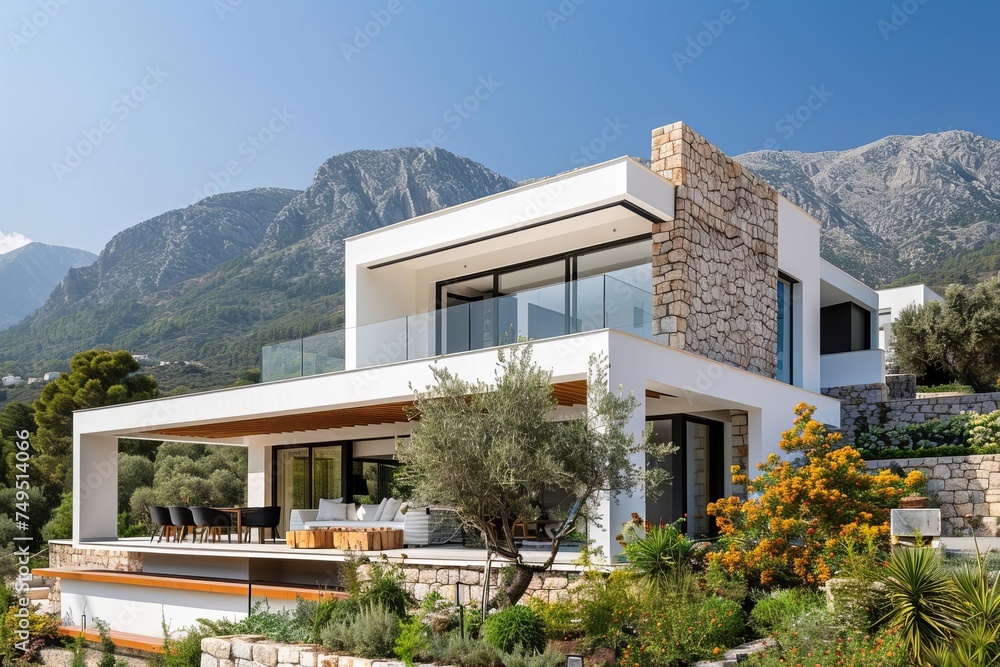 Contemporary villa exterior with minimalist design Nestled in a picturesque mountain landscape Offering luxury and privacy