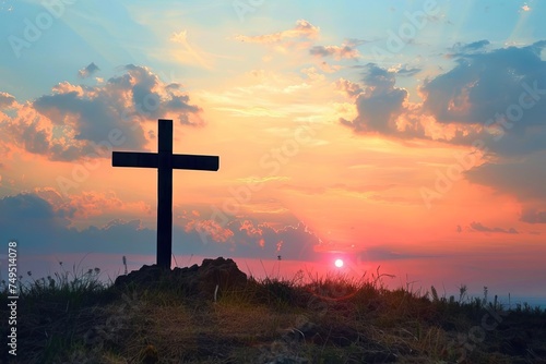 Cross on a hill representing holy week and spiritual reflection Set against a sunset backdrop