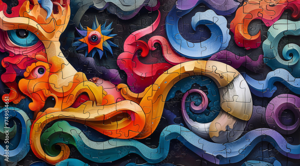 Colorful Abstract Jigsaw Puzzle Pieces with 3D Swirling Design