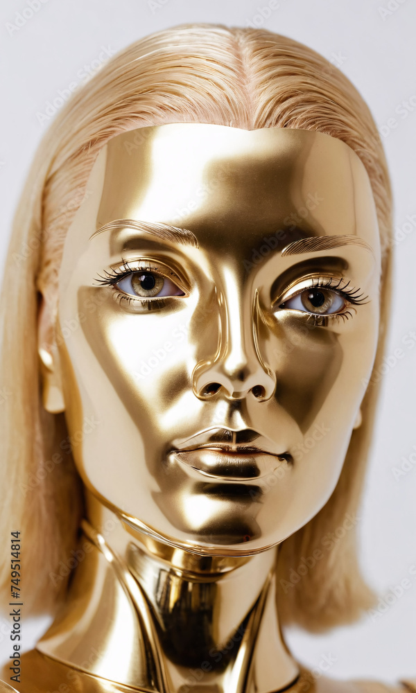 A striking image of a humanoid robot with a gold face, standing against a white background. The intricate golden details and the mechanical precision of the robot.