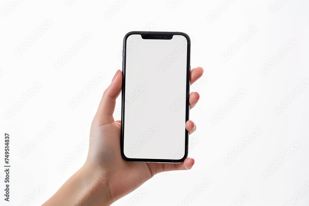 Mobile phone in a woman's hand with a mockup screen Isolated on a white background Mobile phone in a woman's hand with a mockup screen Isolated on a white background
