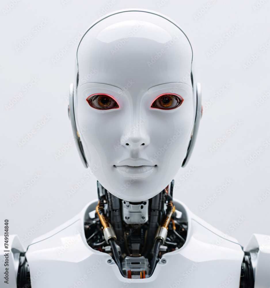 A sophisticated humanoid robot stands against a stark white background. The glossy black and white exterior reflects advanced technology and design. A sophisticated humanoid robot stands against a stark white background. The glossy black and white exterior reflects advanced technology and design.