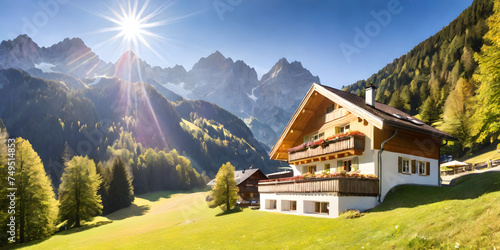 Sunny outdoor home scene in German Alps, Bavaria, Germany, Europe