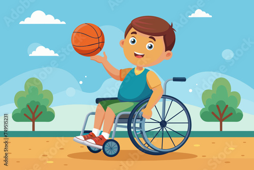 a boy in a wheelchair playing basketball. Vector cartoon illustration