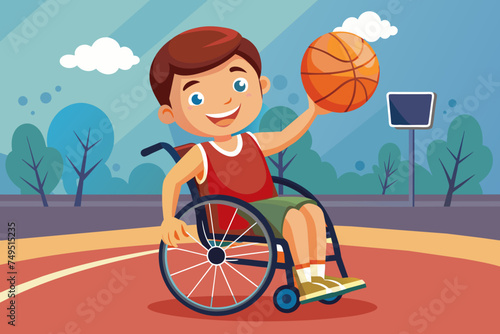 Schoolboy schoolboy disabled playing basketball sitting in a wheelchair at the stadium. Vector illustration
