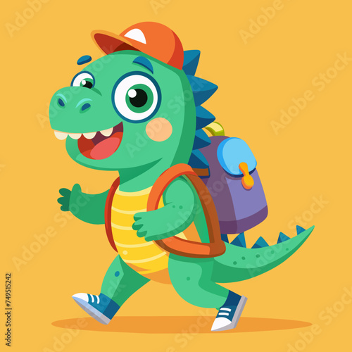 Pesonage dinosaur schoolboy with a briefcase running, cartoon art. Vector illustration