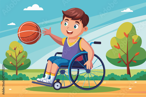 Schoolboy schoolboy disabled playing basketball sitting in a wheelchair. Vector illustration
