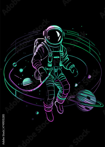 An astronaut in a spacesuit and helmet flying in outer space. Vector line art in green-violet colors. Vector cartoon illustration