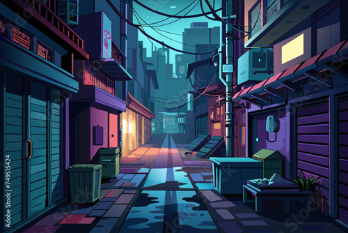 A dark alley in a disadvantaged neighborhood with neon lights