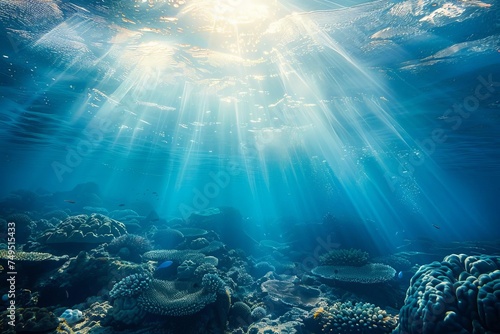 Tranquil underwater scene with sunbeams filtering through the ocean Highlighting the serene beauty of marine life