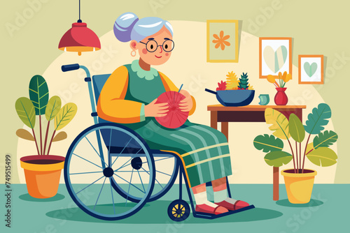 A grandmother with gray hair sits in a wheelchair and knits with needles. Vector cartoon illustration