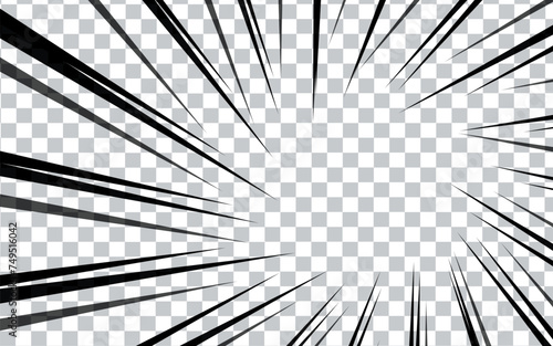Comic book radial lines on transparent background. Manga speed frames, superhero action. Black and white vector retro illustration