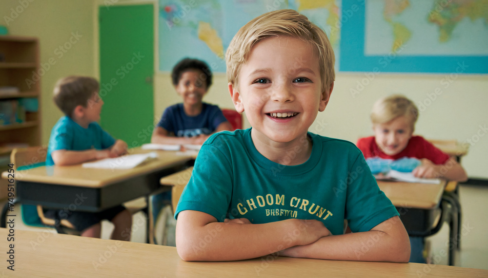 A cheerful boy sits at a school desk, his smile radiating positivity. The backdrop of a well-lit classroom interior reflects the engaging and nurturing environment of learning. A cheerful boy sits at a school desk, his smile radiating positivity. The backdrop of a well-lit classroom interior reflects the engaging and nurturing environment of learning.