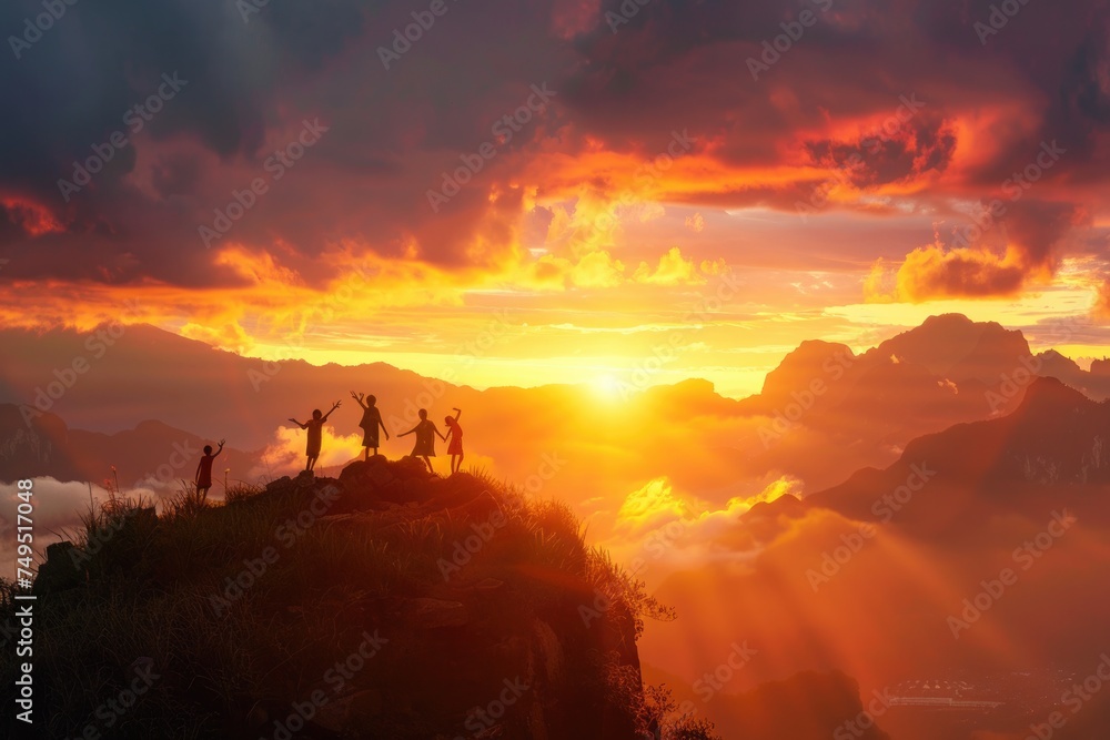 a family of people standing on top of a mountain at sunset