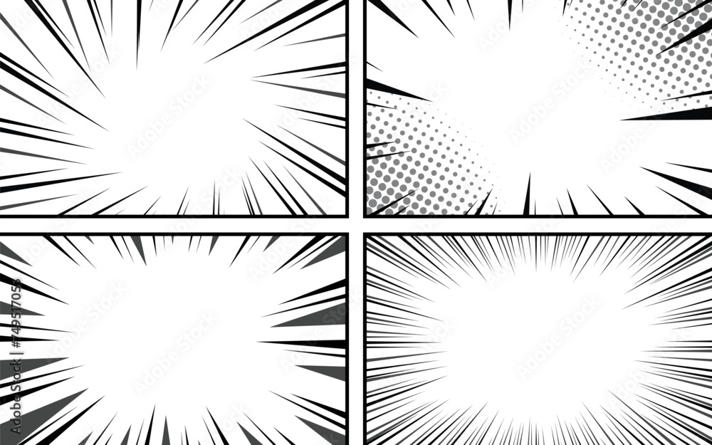 Obraz premium Comic book page background with radial effect. Black and white vector retro illustration