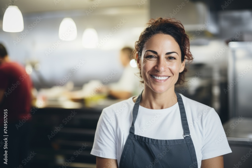 Fototapeta premium Portrait of a middle aged hispanic female chef in commercial kitchen