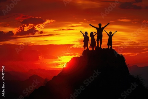 a family of people standing on top of a mountain at sunset