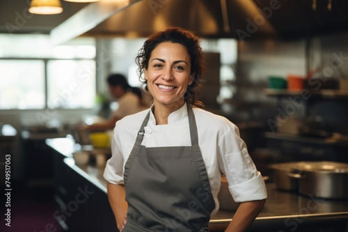 Portrait of a middle aged hispanic female chef in commercial kitchen